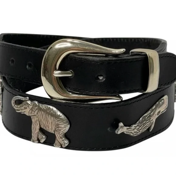 Vtg 1992 Brighton Honest Black Leather Safari Animal Belt 34  display picture 3
